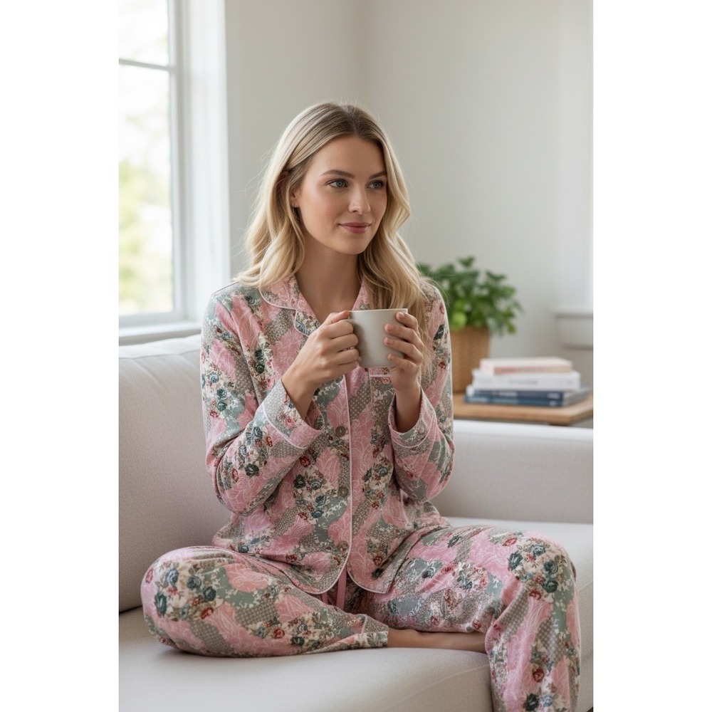 New Papinelle Pink English Rose Pajama Lounge Set Pant Top Cotton Viscose Sz M